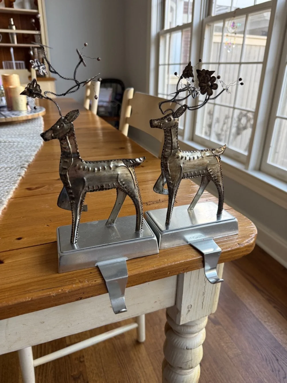 Pair of Pottery Barn Pressed Metal Reindeer Christmas Stocking Hangers Holders